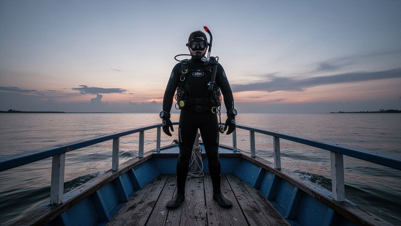 One person in snorkeling gear stands on a boat deck at twilight.