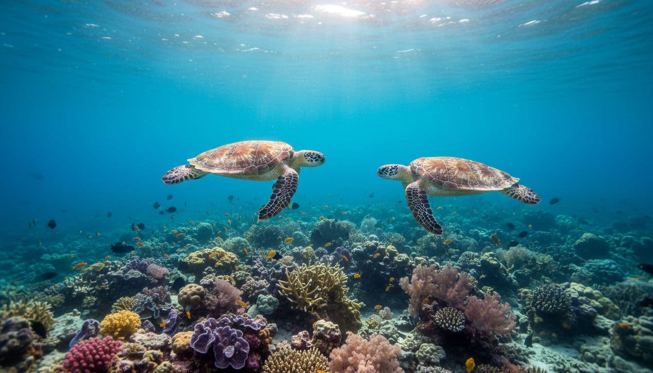 Two Hawaiian green sea turtles swim gracefully near vibrant coral reefs in calm crystal-clear turquoise waters off Oahu's coast with sunlight beams filtering through.