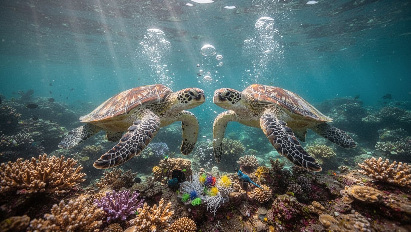 Two Hawaiian green sea turtles glide near a vibrant coral reef in clear turquoise waters off Waikiki, Hawaii, at a natural cleaning station with sunlight rays piercing the surface and bubbles rising for cinematic contrast and depth of field.