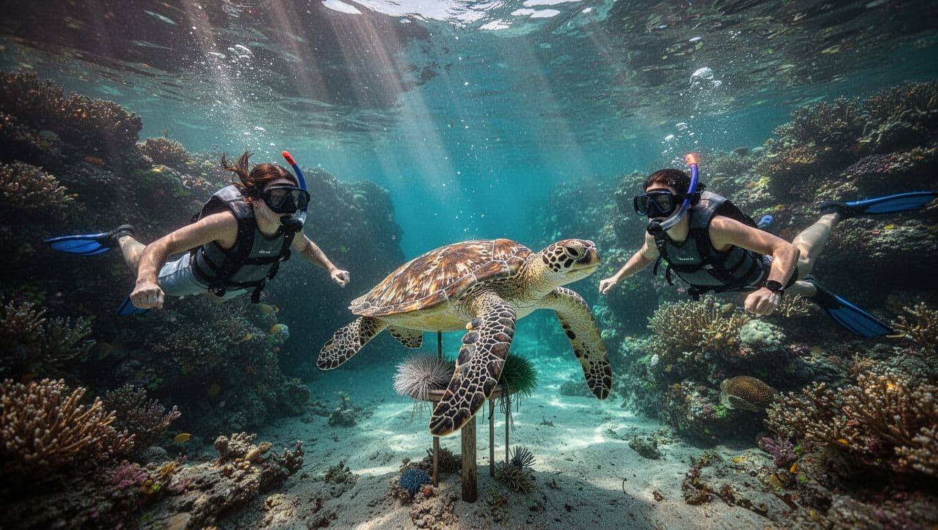 Two snorkelers swim alongside a Hawaiian green sea turtle at a natural cleaning station in the clear turquoise waters of Turtle Canyon near Waikiki, Oahu, with vibrant coral reef and sunlight rays in the background.