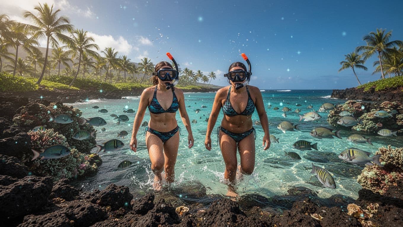 Two snorkelers enter clear water from a volcanic shore at Two Step, Hawaii.