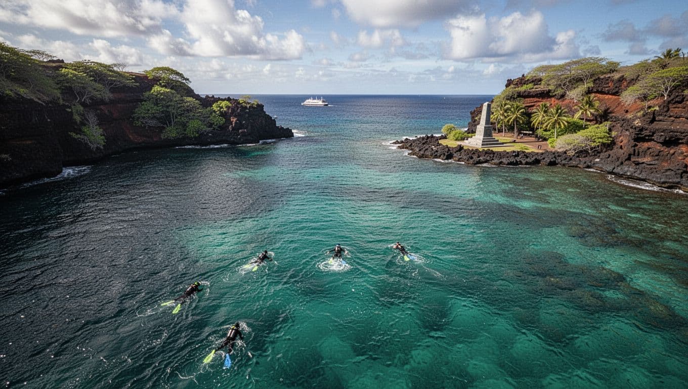 Aerial view of Kealakekua Bay with three distant snorkelers in turquoise water near Captain Cook monument, distant tour boat, and lush volcanic cliffs.