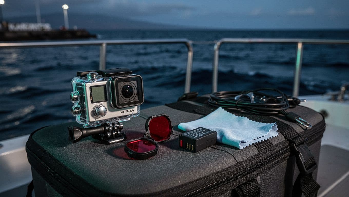 Action camera and diving accessories on a boat bench with blue water behind.