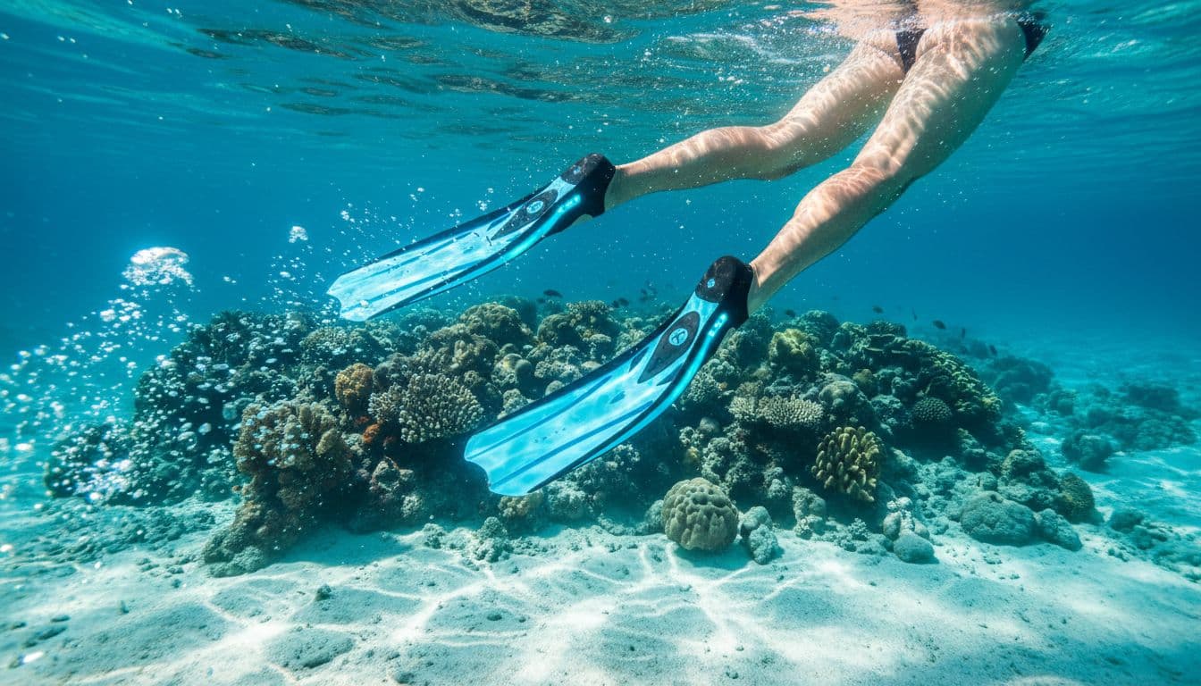 Close-up of legs in snorkel fins performing flutter kick in turquoise water over coral reef, trailing bubbles.