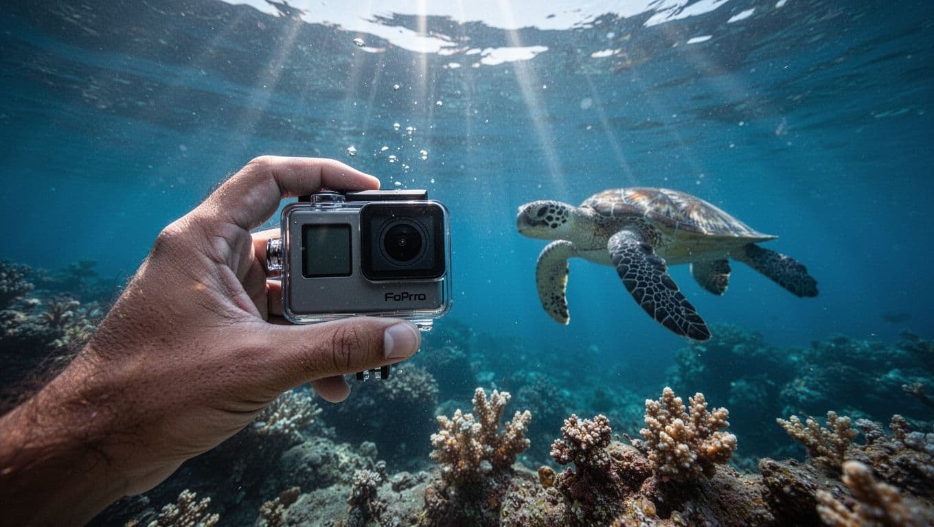 Close-up of a hand holding a waterproof GoPro camera underwater in clear ocean, focused on a distant sea turtle with sunlight god rays and nearby coral fragments, cinematic style with dramatic blue-toned lighting.