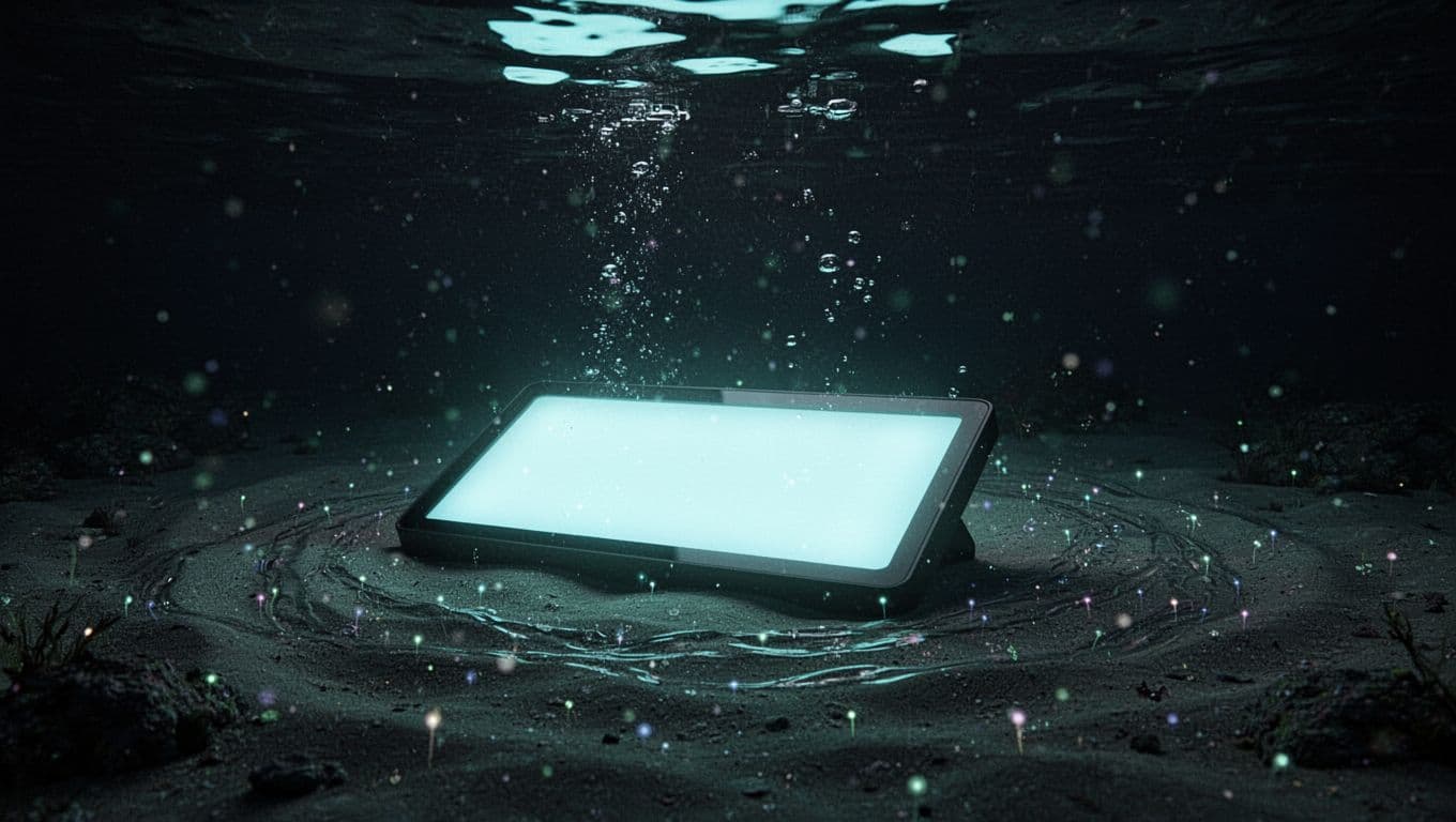 A glowing cyan light panel submerged in dark ocean water at night.