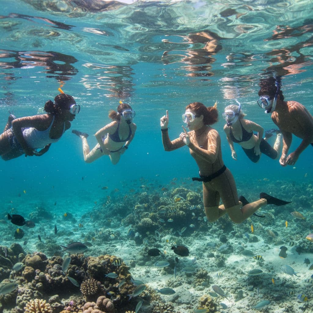 A professional dive instructor wearing snorkeling gear uses clear hand signals to guide a diverse group of swimmers through the vibrant, crystal-clear tropical waters off the coast of Hawaii during midday.