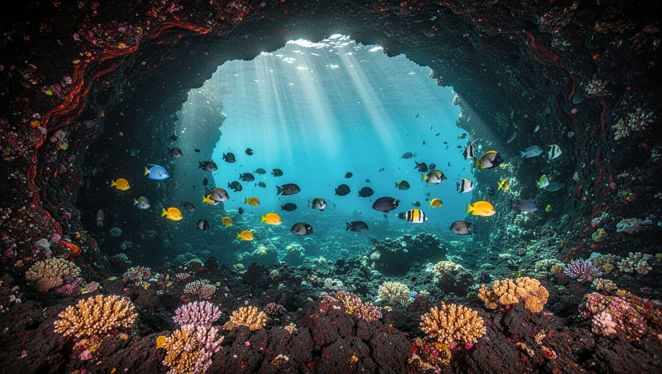 Sunlight rays shine through a volcanic underwater archway filled with colorful fish and coral.
