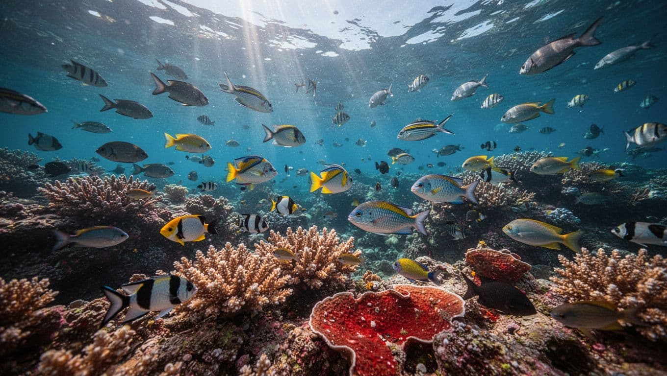 Tropical fish swim through a colorful coral reef in clear, sunlit ocean water.
