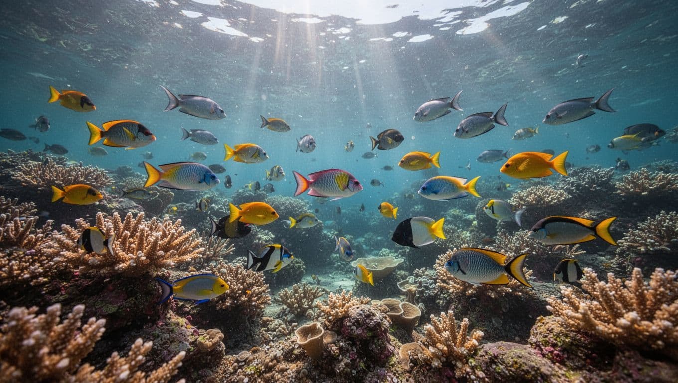 Sunlight filters through clear water onto a colorful coral reef populated by tropical fish.