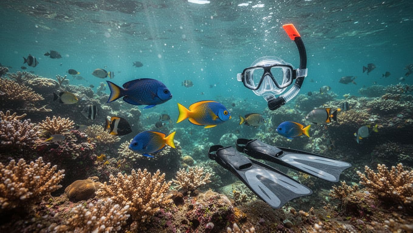 Diverse tropical fish navigate through colorful coral formations in turquoise water. Sunlight filters down from the surface, illuminating the reef structure and highlighting the clarity of the protected marine environment.