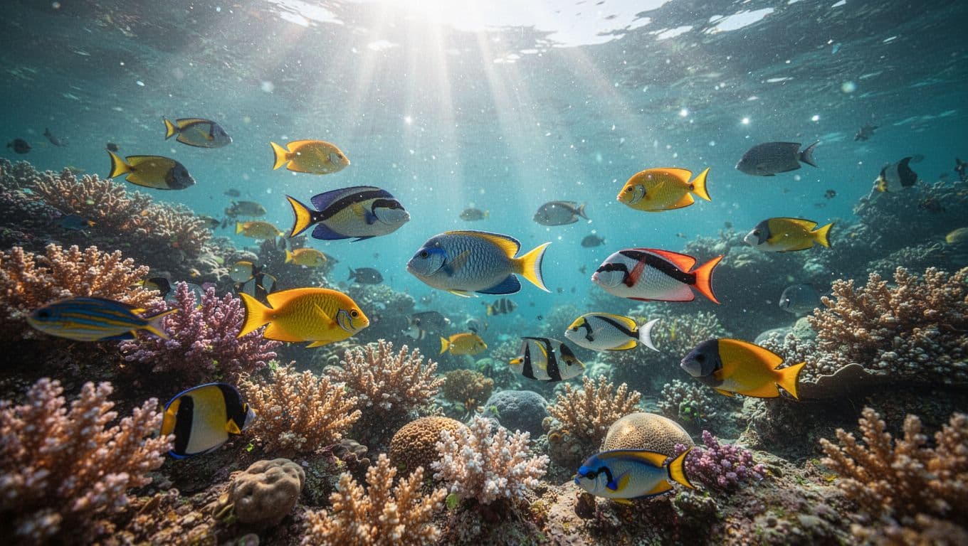 Colorful tropical fish swimming over a vibrant coral reef in clear blue water.