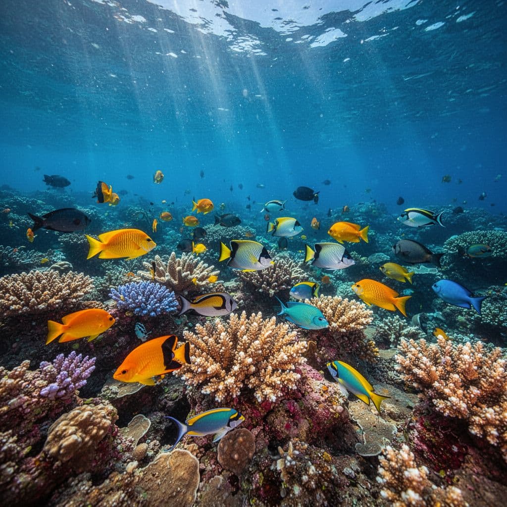 Tropical fish swim through colorful coral formations under sunlit blue ocean water near Hawaii.