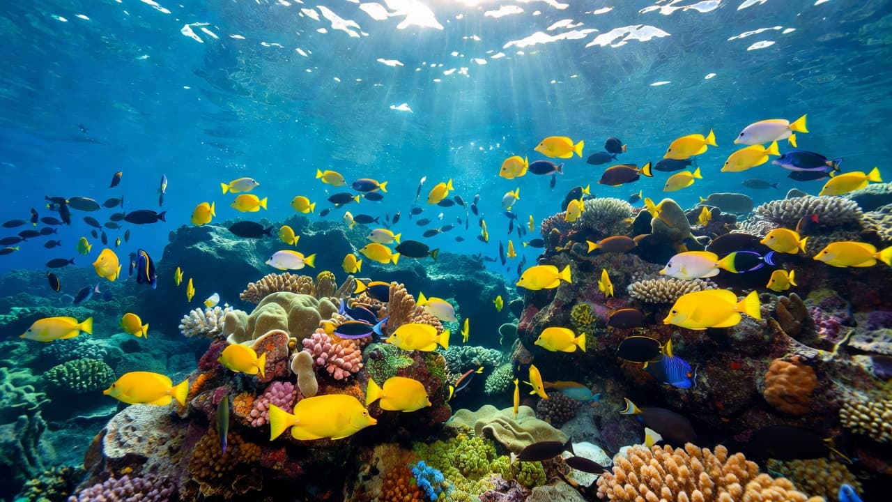 Schools of yellow tang swim past dark volcanic rock formations within the clear blue water of Kealakekua Bay. Bright sunlight filters down from the surface, creating sparkling cyan highlights across coral.