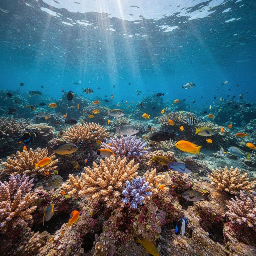 Sunlight filters through clear blue water onto a colorful coral reef in Kealakekua Bay.