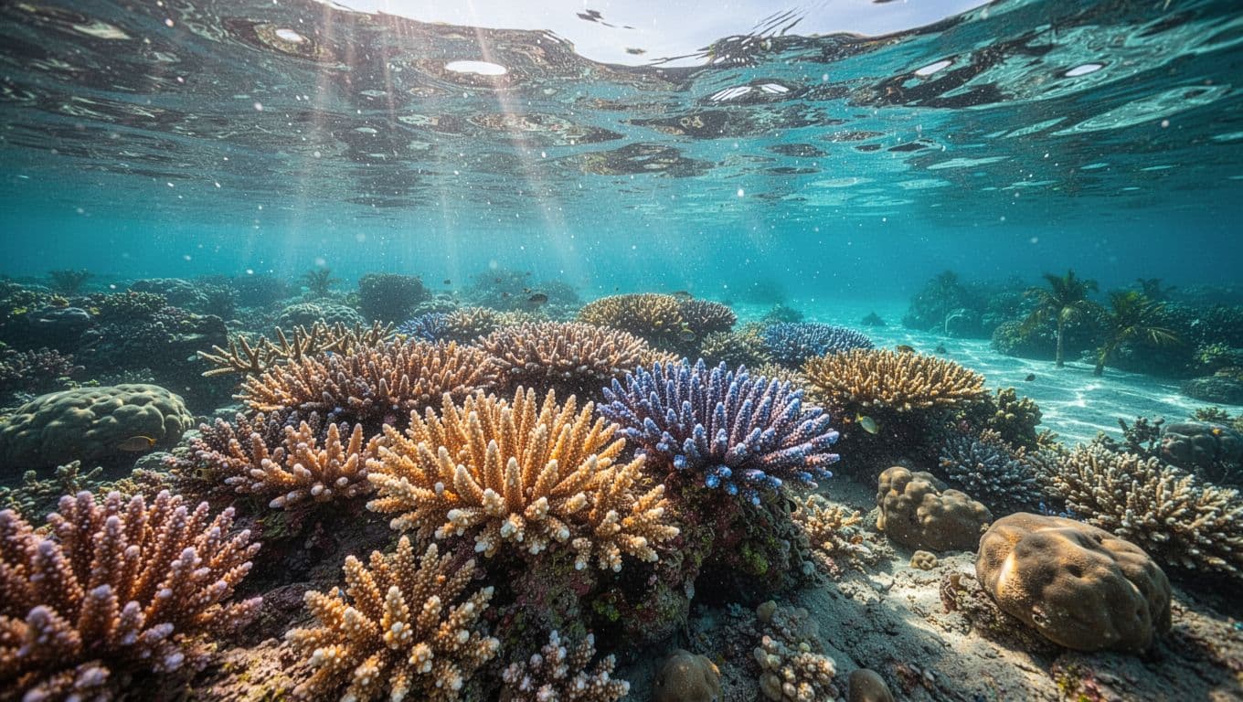 Sunlight filters through crystalline cyan water to illuminate a sprawling coral reef teeming with colorful sea life. The intense contrast highlights intricate textures across the ocean floor in this tropical ecosystem.