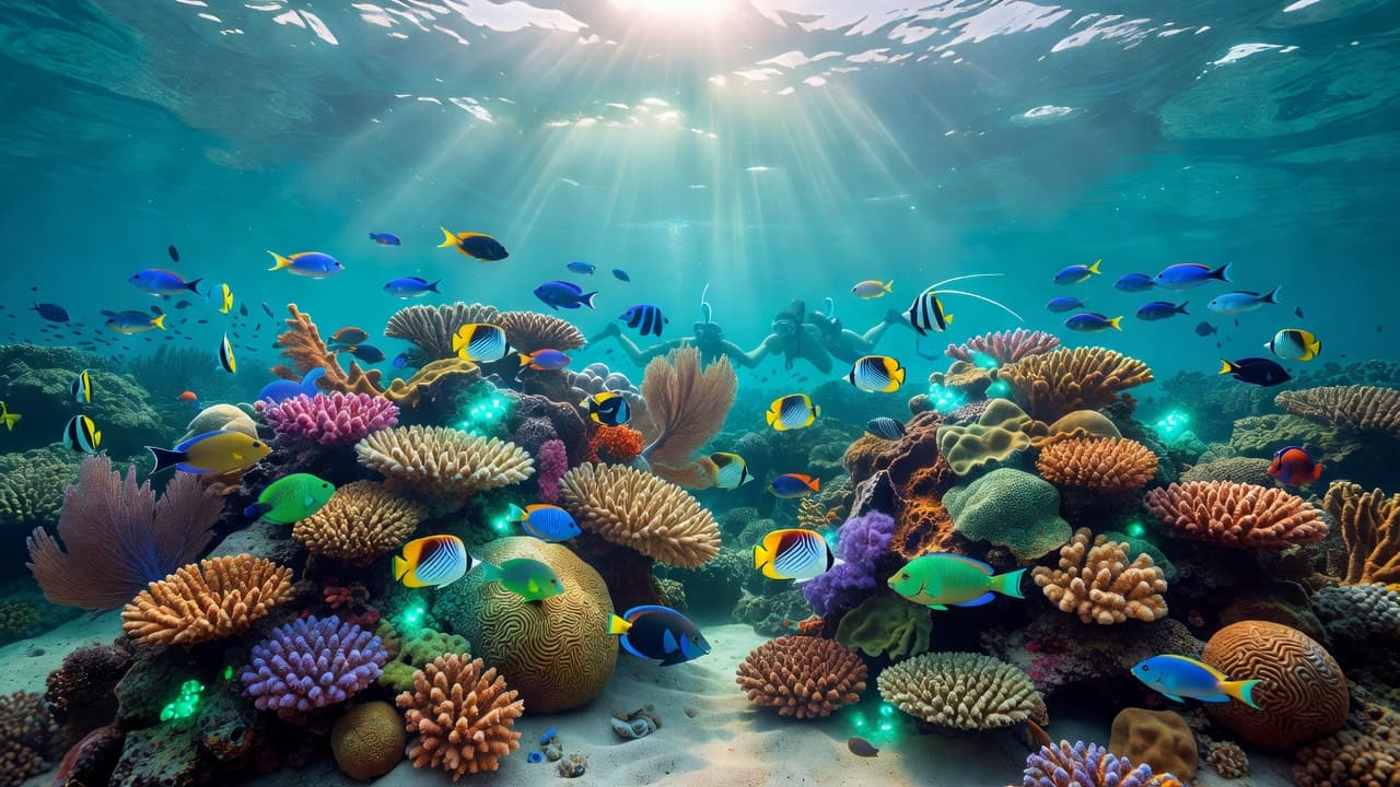 Sunlight rays pierce through clear ocean water, illuminating a colorful coral reef teeming with exotic tropical fish. Glowing cyan anemones sway near the sandy seabed in this vibrant underwater marine ecosystem.