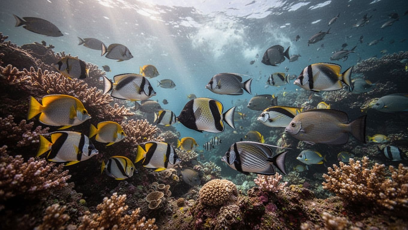 Close-up of a vibrant coral reef featuring schools of convict tangs, butterflyfish, and surgeonfish at a Honolulu snorkel spot, with soft cloudy daylight filtering down to create dramatic rays of light in cinematic style.