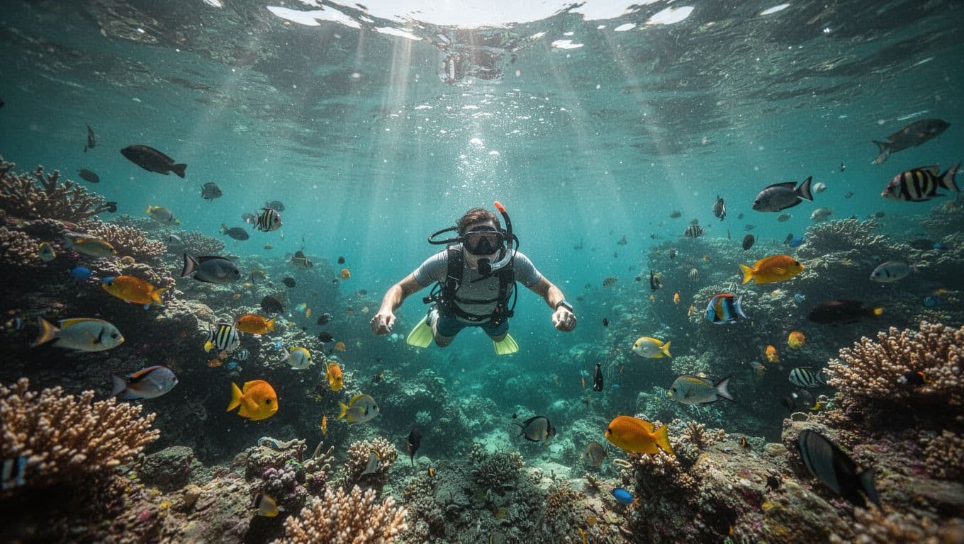 Sunlight penetrates clear water to illuminate a colorful coral reef teeming with tropical fish.