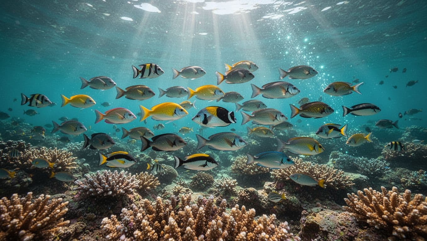 A school of colorful fish navigates through a lush, vibrant coral reef in clear Hawaiian waters. Bright sun rays penetrate the surface, illuminating the aquatic scene with deep blue tones.