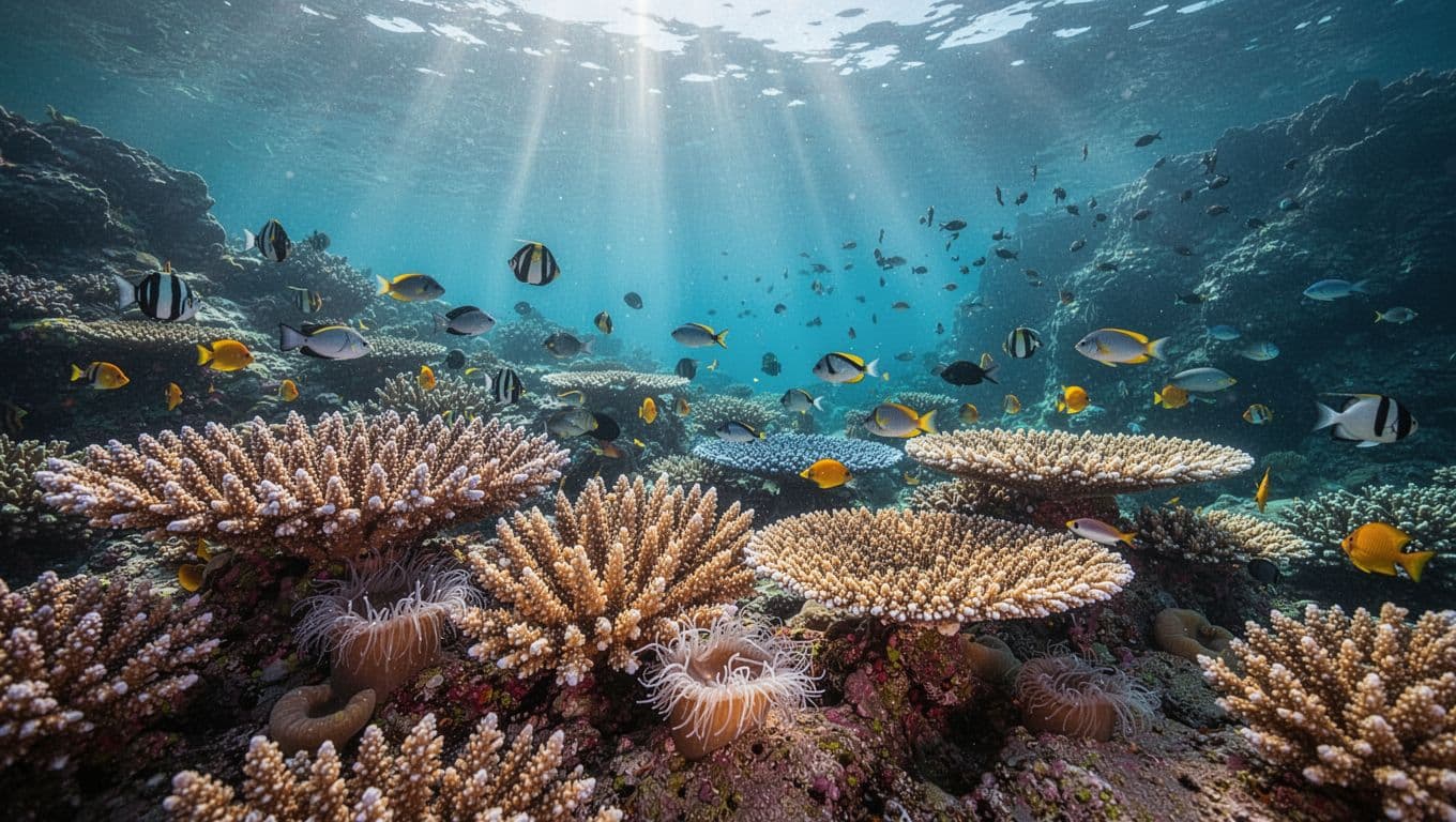 Vibrant coral reef formations in diverse colors and structures, including branching corals, table corals, and anemones, with schools of tropical fish swimming amid sunlight rays piercing clear turquoise water.