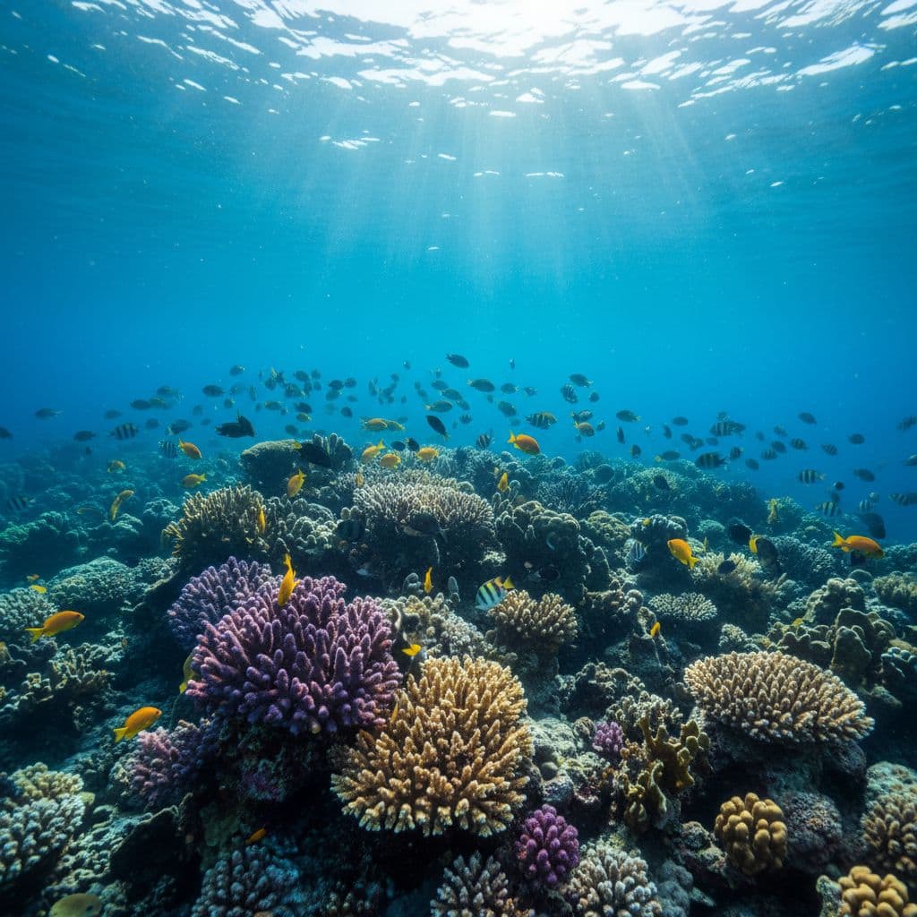 Colorful tropical fish swim through a vibrant coral reef in clear blue Hawaiian waters.