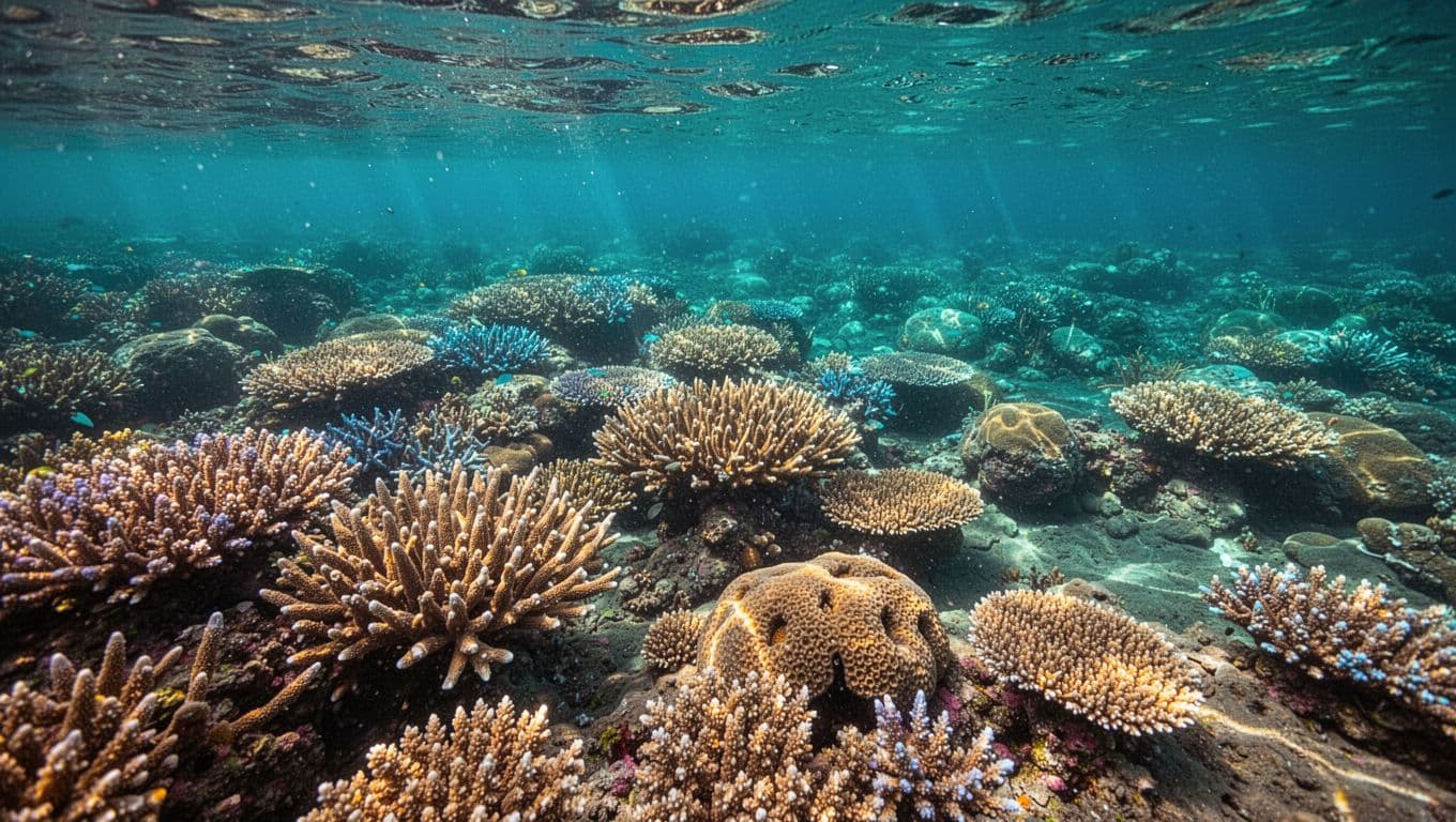 Sunlight streams through clear turquoise water, illuminating a diverse underwater ecosystem filled with branching and mound corals. Shimmering light patterns dance across the reef floor, highlighting the rich, natural color palette.