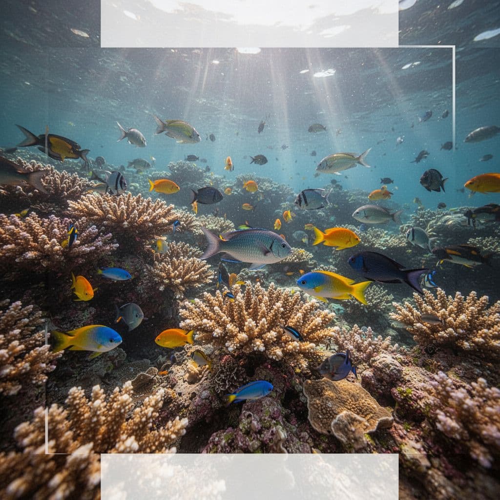 Vibrant coral colonies in various textures sprawl across the ocean floor while exotic fish navigate between crevices. Sunbeams pierce the clear blue water, illuminating the colorful life thriving below the surface.