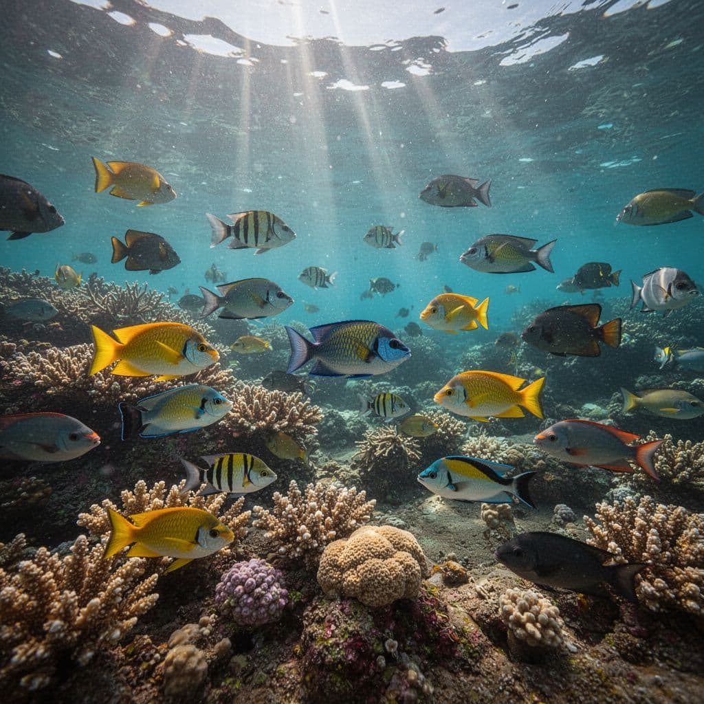 Sunlight streams through clear ocean water onto a vibrant coral reef filled with schools of tropical fish. The deep blue background provides a cinematic contrast to the bright cyan lighting.
