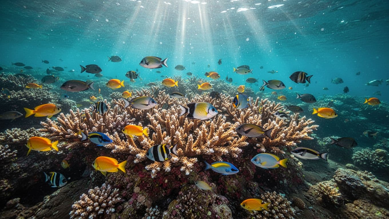 Tropical fish swim gracefully around intricate coral formations in the crystal clear waters of Kealakekua Bay. Bright shafts of sunlight pierce the surface, creating glowing turquoise patterns on the ocean floor.