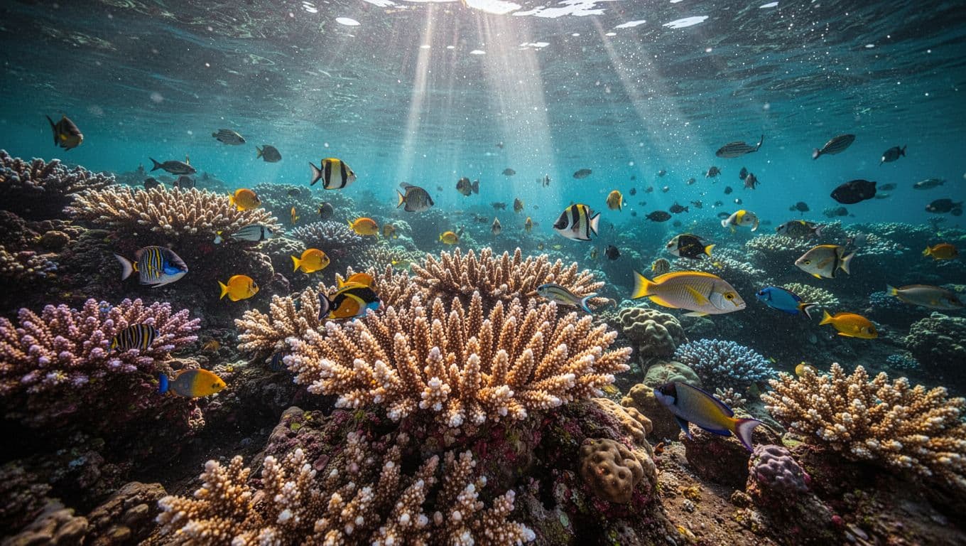 Bright sunlight beams illuminate a colorful tropical reef filled with fish underwater in Hawaii.