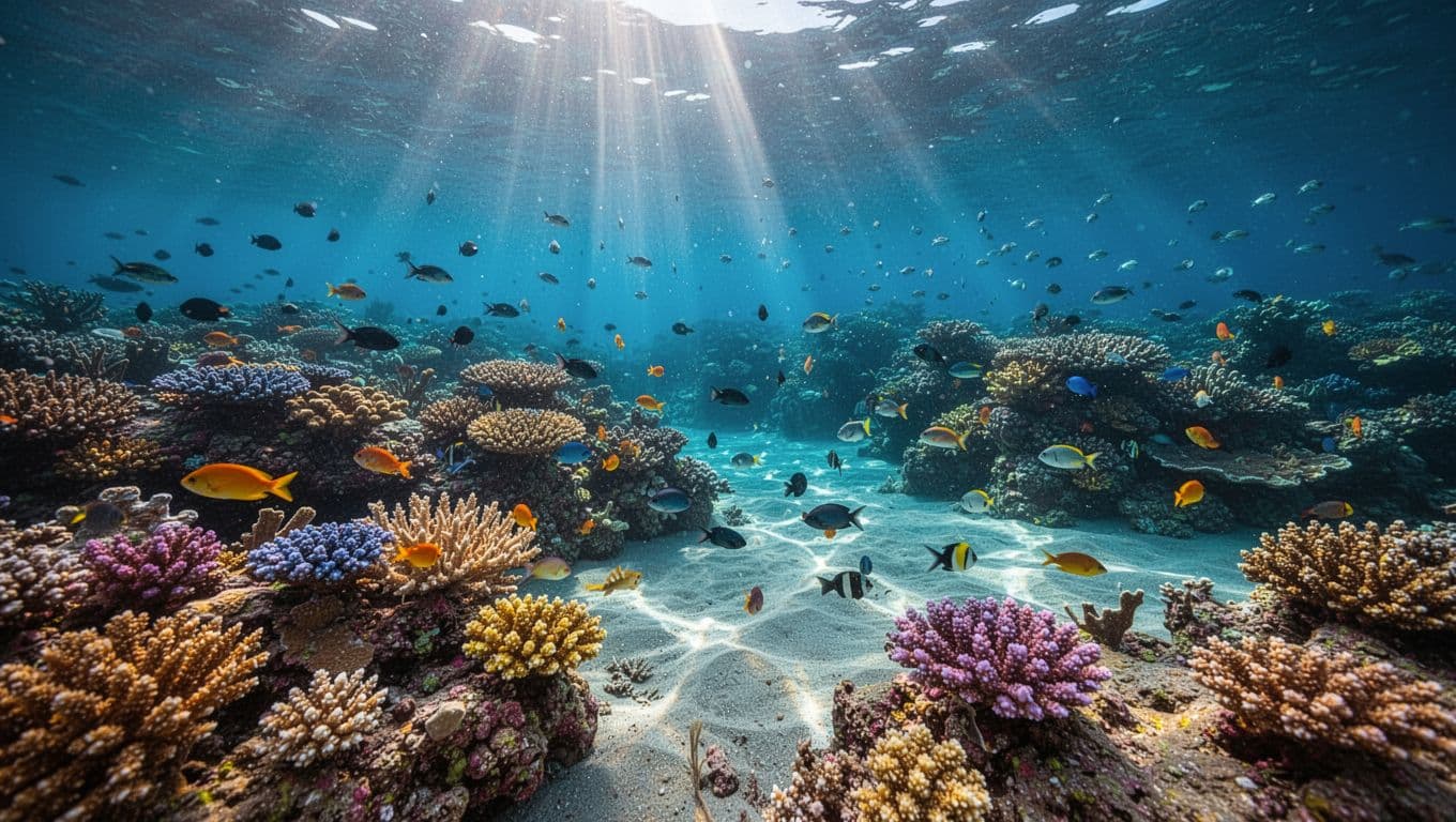 Sunlight filters through crystal clear water onto a colorful tropical reef filled with branching corals. The shallow seabed displays rich turquoise and deep blue hues typical of a morning snorkel.