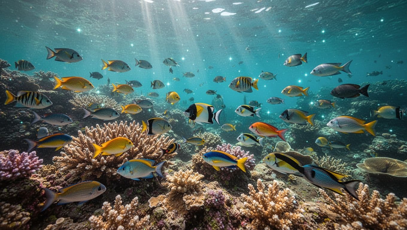 Tropical fish glide through sparkling turquoise water above a dense, colorful coral structure in Kealakekua Bay. Sunlight filters from the surface, highlighting the complex textures of the thriving marine ecosystem.