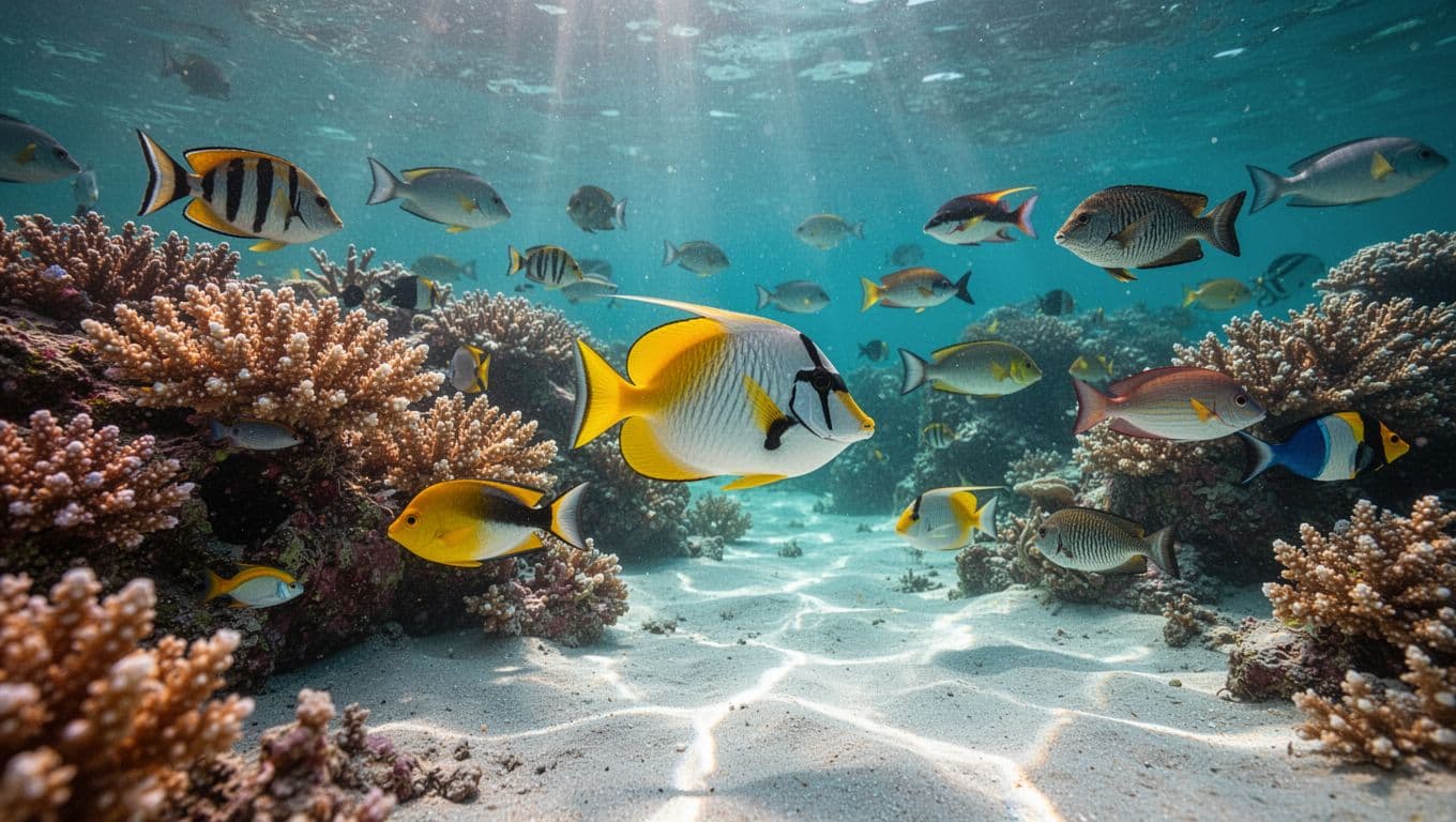 Sunlight filters through shallow, crystalline water to illuminate a bustling coral reef filled with delicate polyps. A yellow tang and Moorish idol dart between the textured marine formations on the seafloor.
