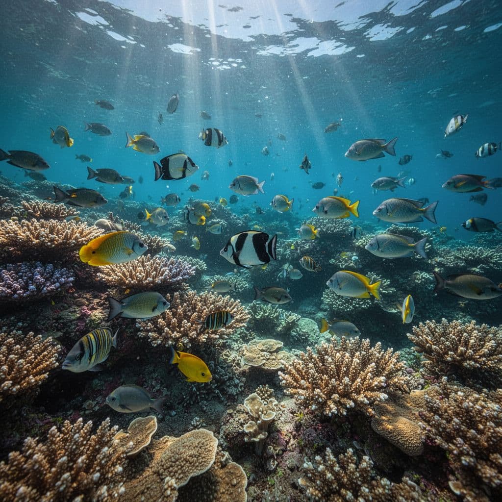 Tropical fish swim through a vibrant, healthy coral reef with sunlight filtering through clear blue water.
