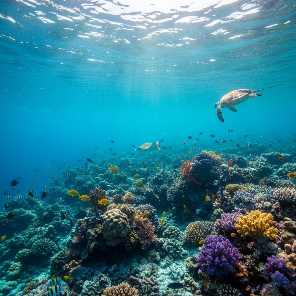 Brightly colored tropical fish dart between intricate coral structures under the sunlit ocean surface. Soft waves filter shafts of light through the clear turquoise water, revealing a thriving marine ecosystem.