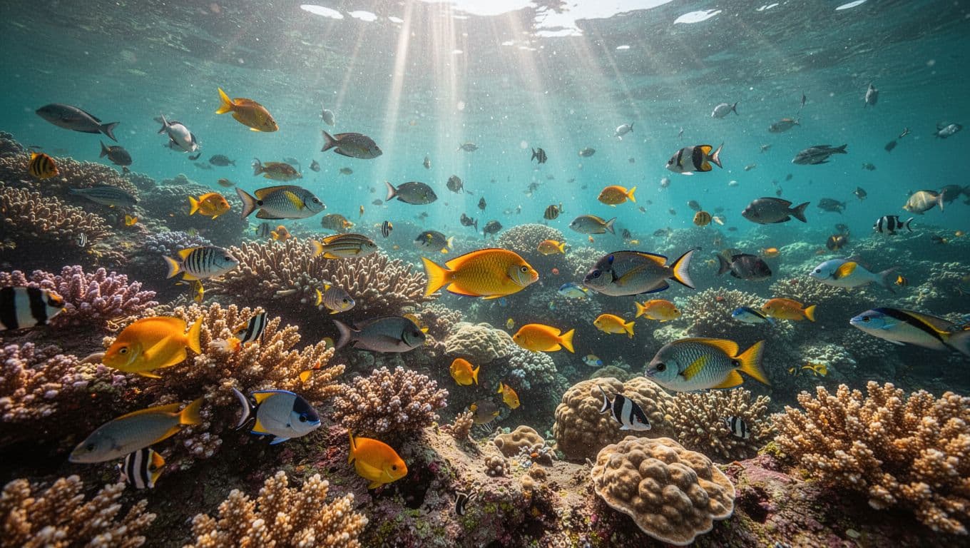 Colorful tropical fish swim through a vibrant coral reef in clear turquoise Hawaiian waters.