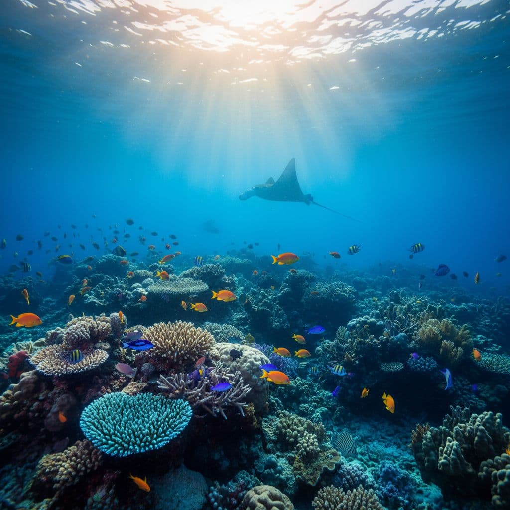 Sunlight filters through clear water onto a colorful tropical reef populated by schools of exotic fish.