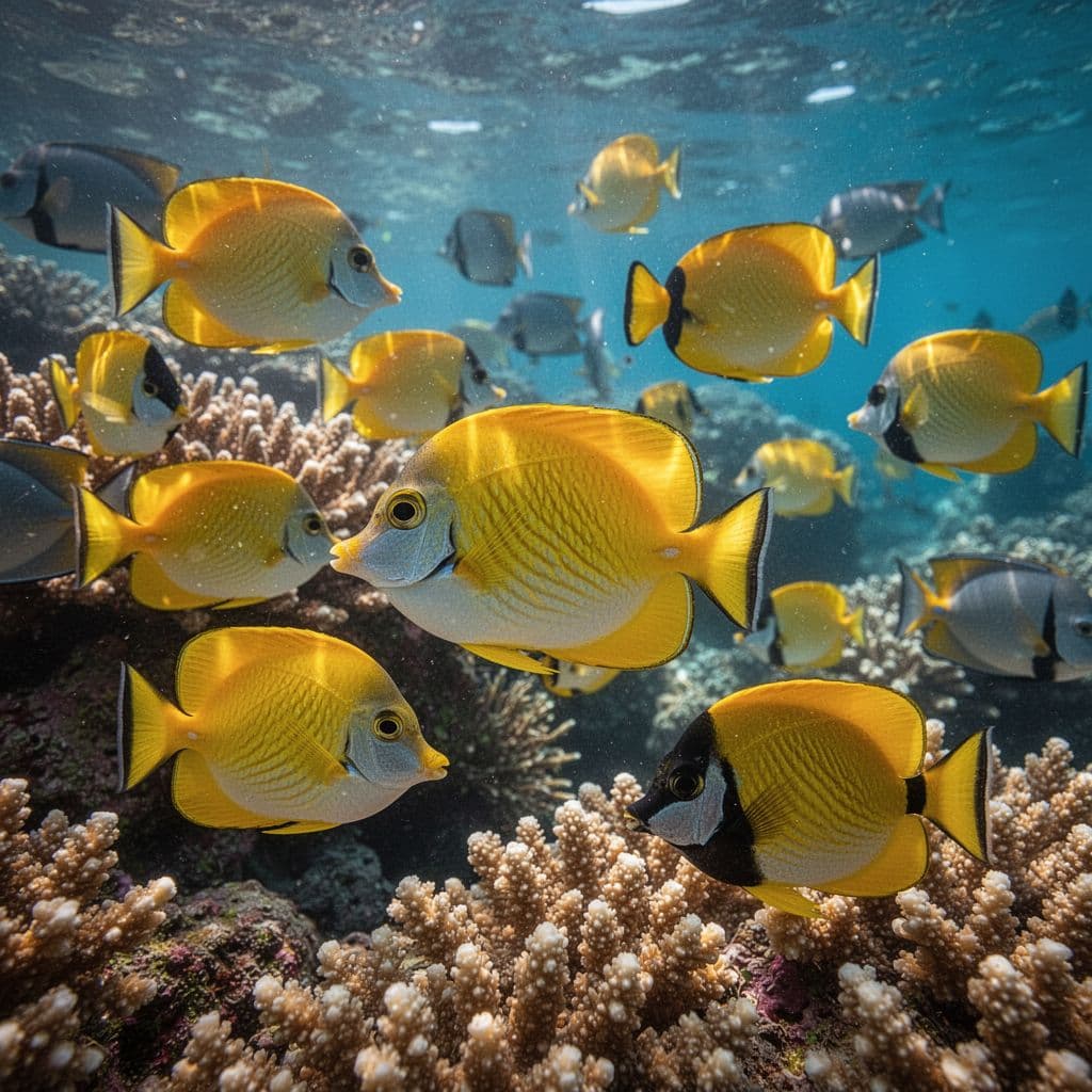 Yellow tang and butterflyfish swim through a colorful coral reef under sunlight filtering through clear blue water.