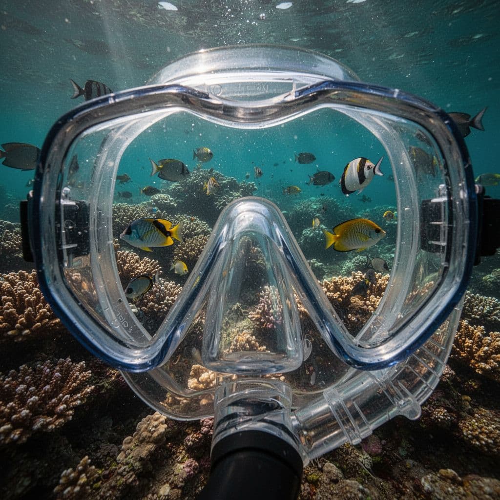 A close-up perspective through a clear snorkel mask reveals a vibrant Hawaiian reef teeming with colorful tropical fish. Intricate coral formations thrive under the bright, transparent turquoise water in this scene.