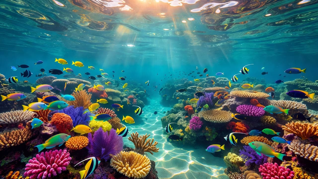 Sunlight beams pierce through the crystal clear turquoise water of Kealakekua Bay, illuminating vibrant coral structures. Tropical fish glide between the reef formations, creating a serene and colorful aquatic underwater landscape.