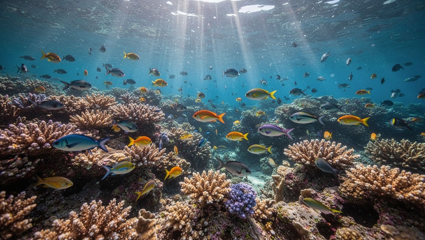 Sunlight rays illuminate colorful fish swimming among complex coral formations in clear blue tropical water.