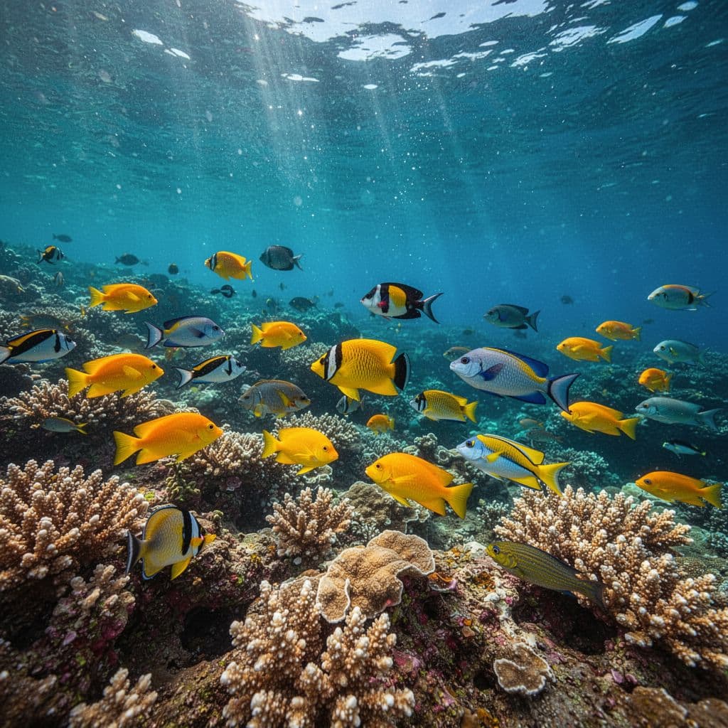 Sunlight streams through clear turquoise water onto a diverse coral reef teeming with bright tropical fish. The vibrant marine ecosystem transitions into a deep blue ocean void in the far distance.