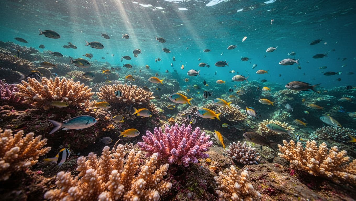 Sunlight streams into the clear cyan water of Kealakekua Bay, illuminating a sprawling, colorful coral reef. Many tiny tropical fish dart between the textured coral structures in this vibrant underwater habitat.