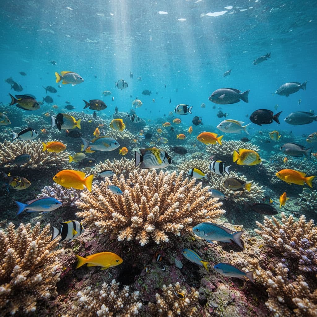 Sunbeams pierce through clear blue water, illuminating a bustling coral reef teeming with exotic tropical fish. Intricate coral structures create a complex, colorful habitat beneath the shifting ocean surface light.