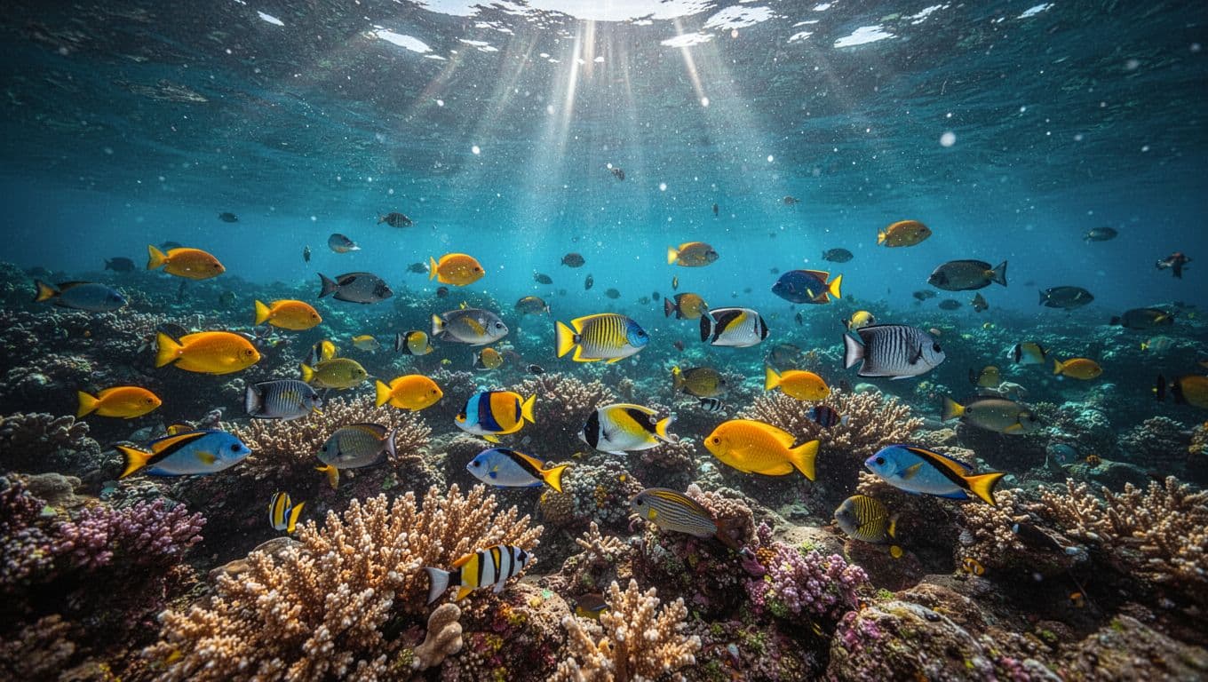 Colorful fish swim among coral reefs in the clear blue waters of Kealakekua Bay.