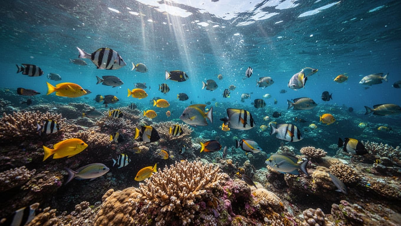 Bright tropical fish swim among intricate coral formations in the crystal clear blue waters of the bay. Sunbeams pierce the surface, highlighting vibrant cyan accents on the seafloor throughout the scene.