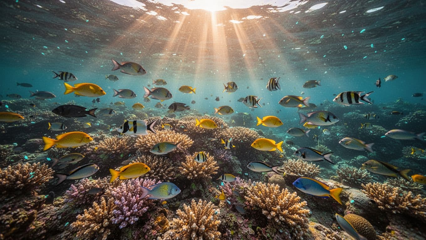 Sunlight beams pierce through the crystal clear tropical water, illuminating a thriving coral reef system filled with diverse, colorful fish. Tiny cyan sparkles dance across the vibrant marine landscape's deep blue floor.