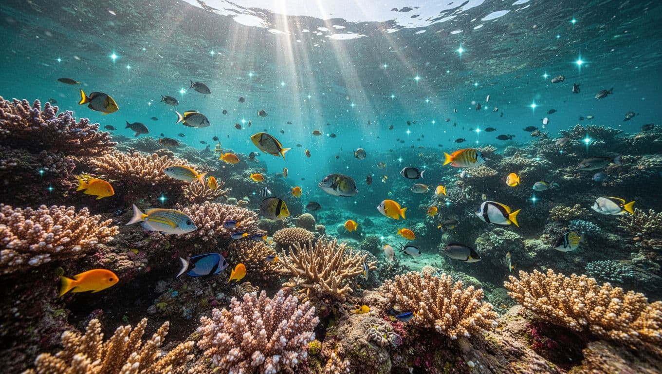 Sunlight streams through turquoise water onto a thriving coral reef where schools of tropical fish swim among intricate formations. The clear bay creates a vivid underwater ecosystem visible during boat trips.
