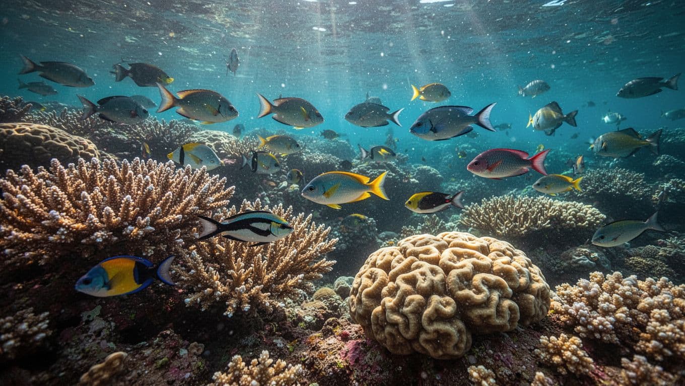 Shoals of vibrant tropical fish dart between intricate brain and cauliflower coral formations. Sparkling cyan sunlight filters through the crystal clear water, highlighting the diverse marine ecosystem found near Hawaii.